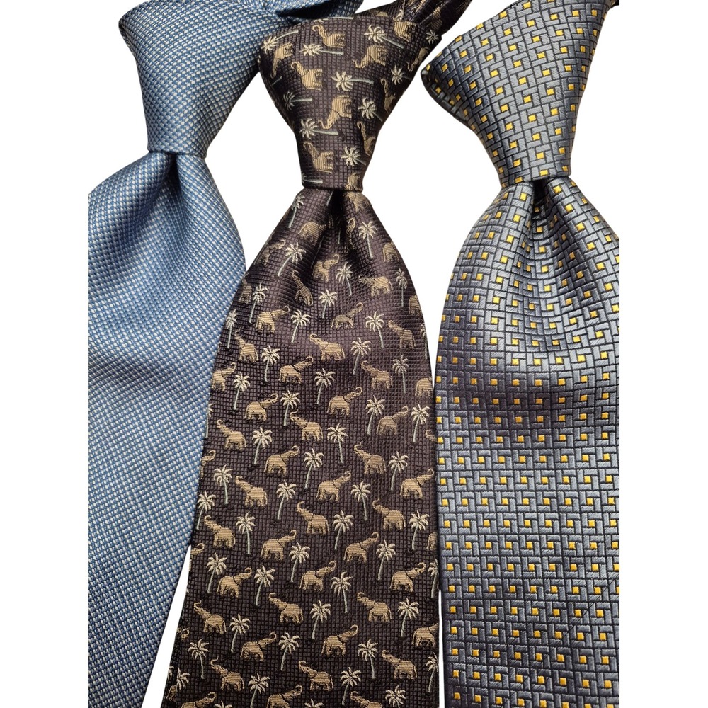 Jim Thompson Mens Silk Tie Bundle of 3 Elephant Print Geometric Textured Blue